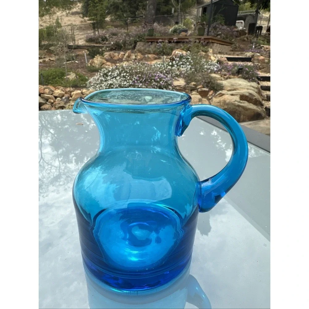 Blenko Vintage Handblown Art Glass Pitcher in Aqua Blue 5.5